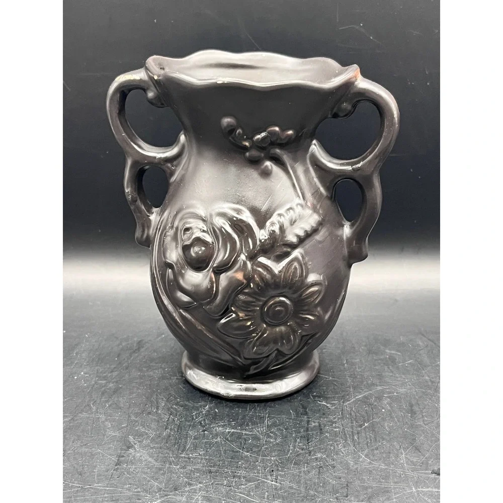 Vintage Black Ceramic Vase Floral Embossing Handles Made in Brazil 5